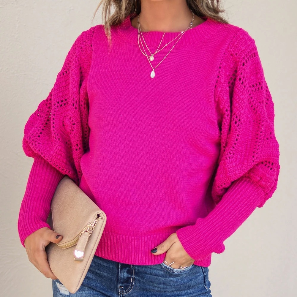 Fate Naveen Cotton Blend Crochet Sleeve Sweater - Berry - SALE - Medium